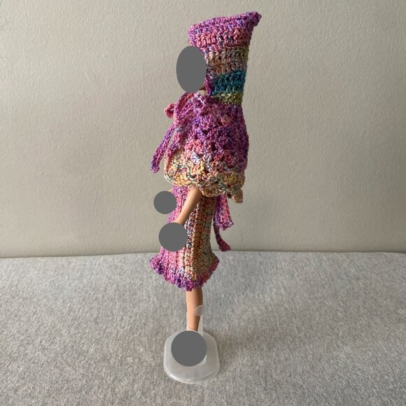 Handmade Crochet Pink Multicolour Dress+Cape+Belt for 29cm Doll 3-Piece Outfit - Picture 8 of 13